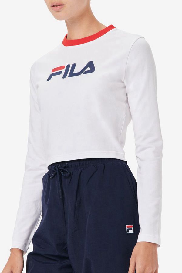 Camisetas Fila Mulher Branco/Azul Marinho/Vermelhas - Fila Jaya Manga Comprida Crop Loja Online Port